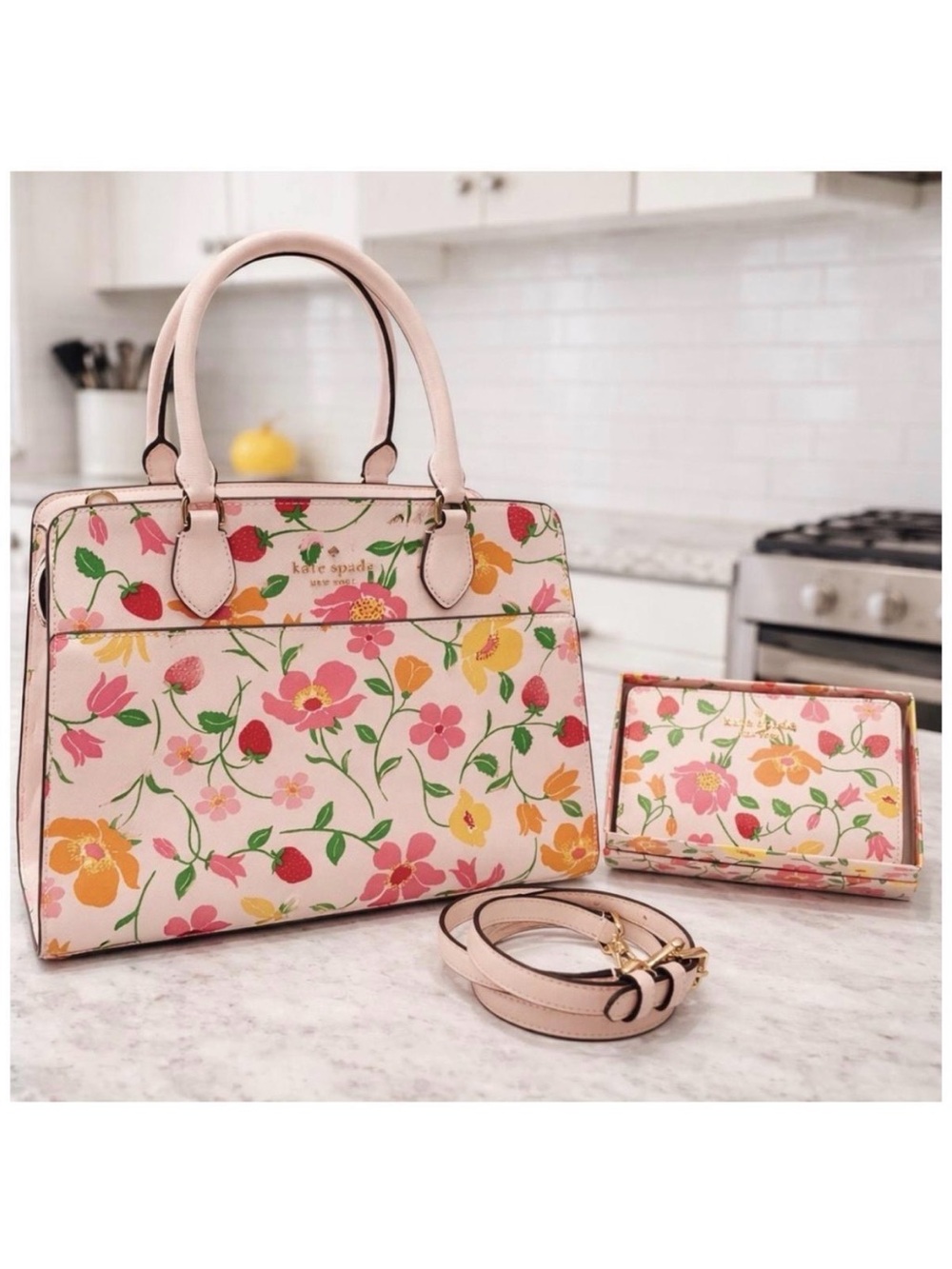 ☀️Kate Spade Madison“Strawberry Garden” Floral Satchel NWOT+Matching Wallet NIB